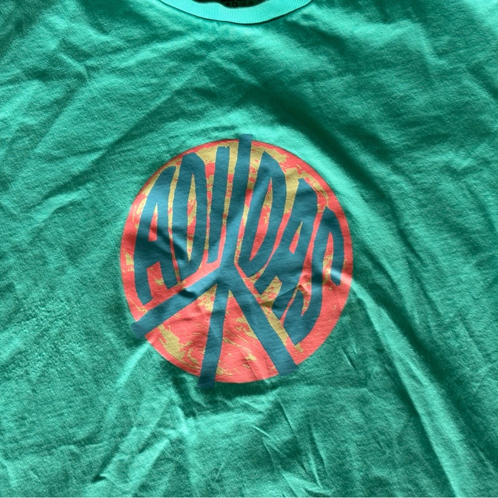 adidas Teal Short Sleeve Tee with Multicolor Peace Logo - Picture 2 of 5